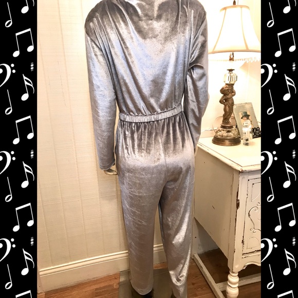 Shiny Silver Velvet Jumpsuit Retro Vintage Mod Rare - Picture 2 of 9